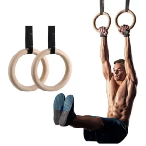 Rekkr Rings-Wooden Gymnastic Rings Workout Power Training Adjustable Strap Core 38mm Sports Ring Strength Exercise Gymnastic Fitness Nylon Strap Wooden Gym Rings